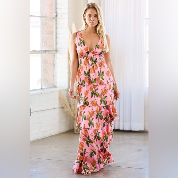Lulus Dresses & Skirts - LULUS Party In Palm Springs Pink Floral Tiered Maxi Dress Satin Size medium